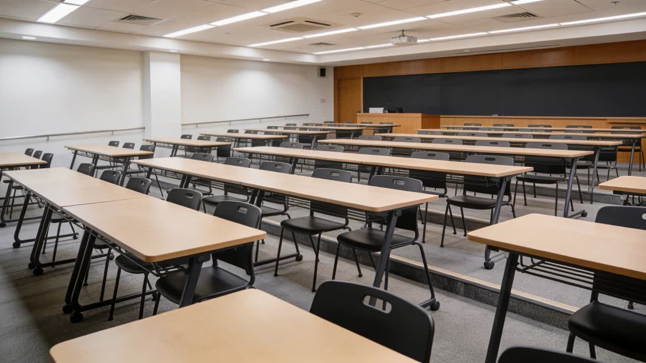 Telecamera che si sposta rivelando un'aula vuota con tavoli, sedie nere, podio e lavagna
