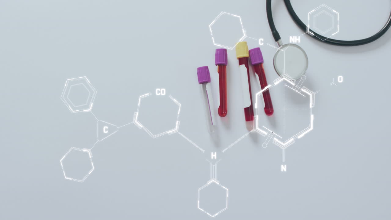 Animazione di diagrammi di filamenti di DNA su provette per esami del sangue