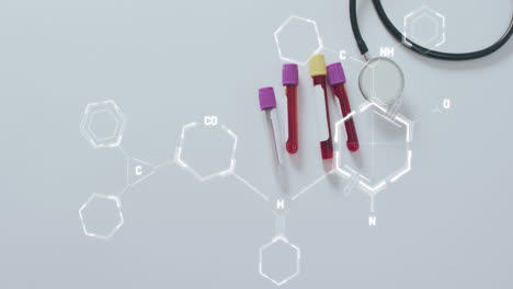 animación de diagramas de cadenas de adn sobre tubos de ensayo de sangre