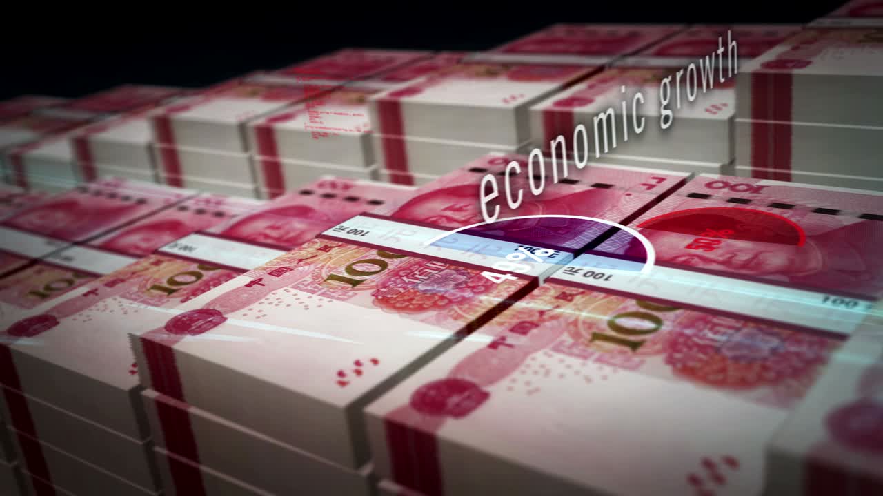 Crise e recessão do Yuan chinês com animação em loop de maço de notas.
