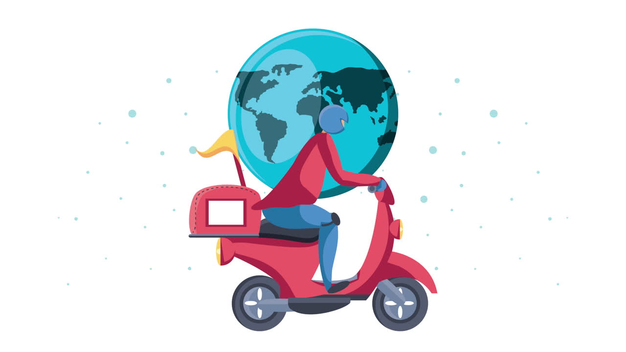 trabajador de servicio de entrega en motocicleta y animación del planeta tierra