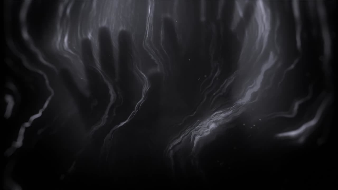 Linee luminose ondulate astratte e particelle su sfondo scuro