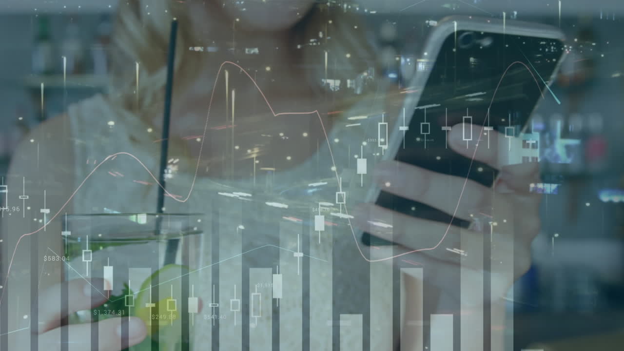 animación de estadísticas y procesamiento de datos financieros sobre mujeres que usan teléfonos inteligentes
