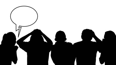 animation of silhouette of sport fans with speech bubbles on white background