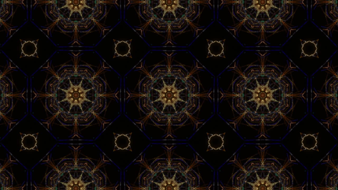 Yellow floral abstract kaleidoscope effect. Geometric repeating mirrored pattern of small dots. Looped animation.