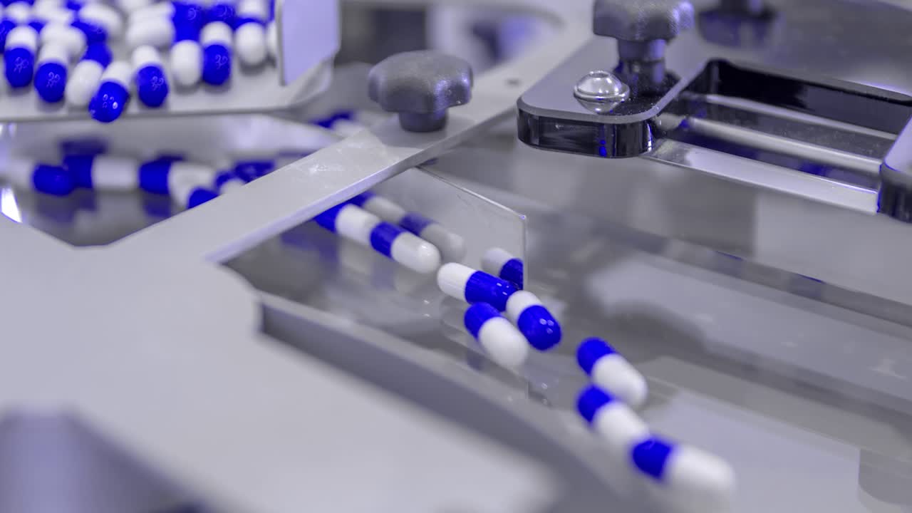 Covid19 medicine goes through a machine into jars. Coronavirus cure medicine. pandemic