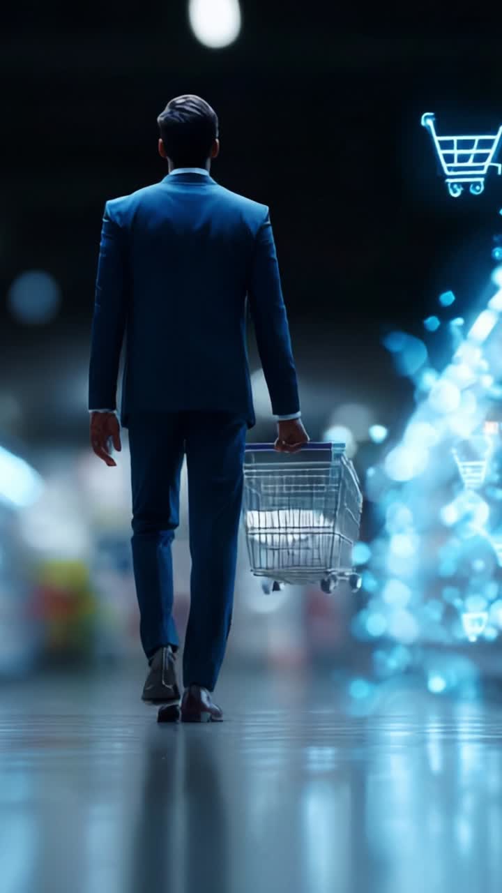A businessman confidently walks through a digital marketplace, pushing a shopping cart and embracing technology in a modern retail environment