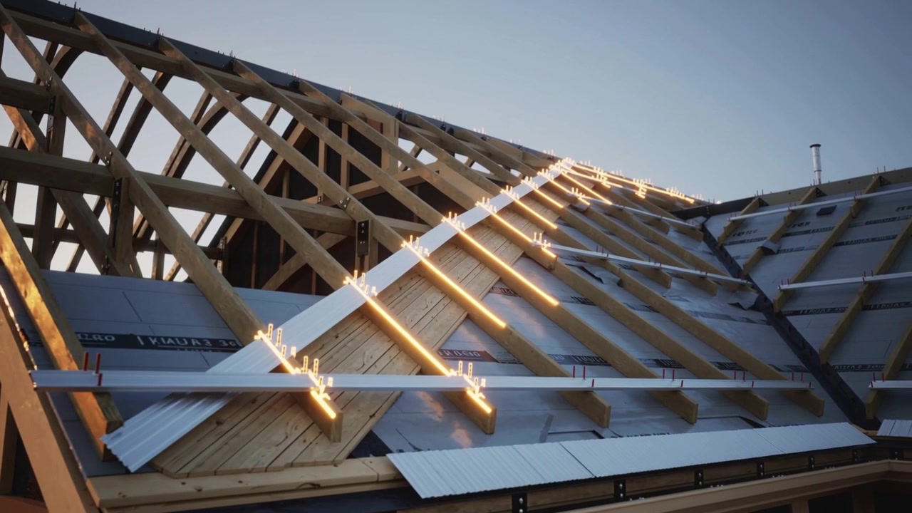 Warme, lineare Lichtstreifen, die diagonal entlang der Holzsparren am Außendach verlaufen, leuchten in der Dämmerung.