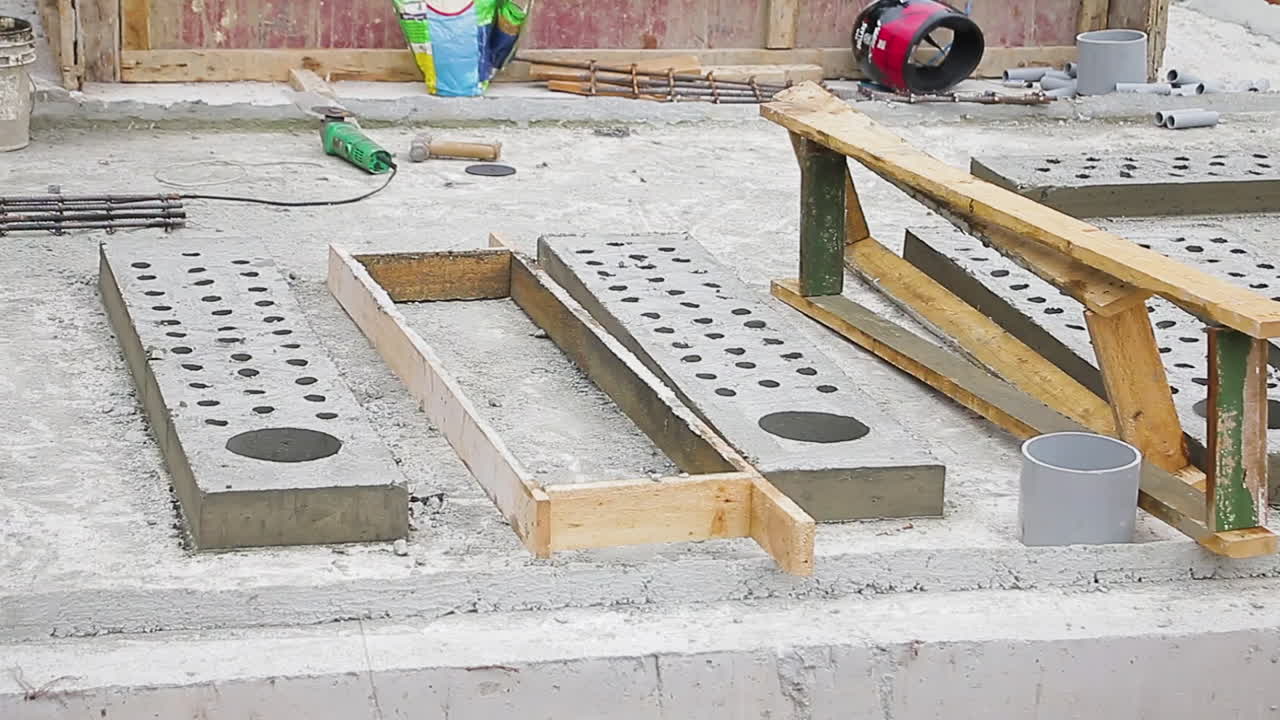 Perforated concrete slabs curing at a construction site in Bangalore, India
