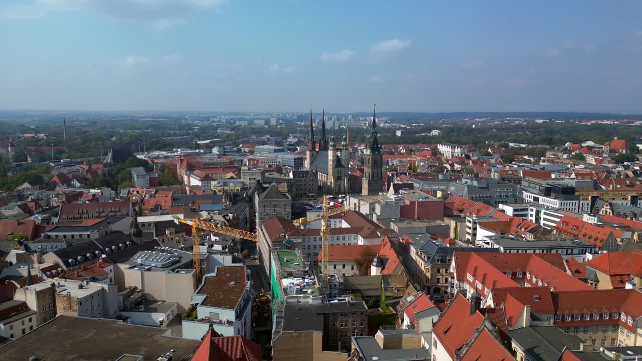 Halle saale district court building, showcasing its impressive architecture and the surrounding cityscape. Nice aerial view flight descending drone
