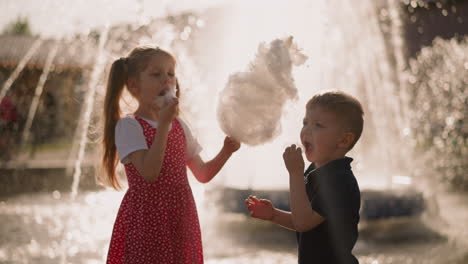 children tear and eat pieces of cotton candy by fountain