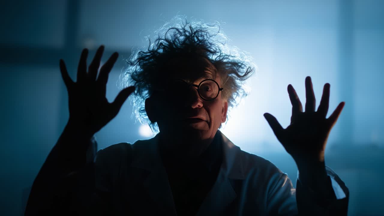 A Mysterious Scientist with Wild Hair and Eccentric Personality, Silhouetted Against a Blue Background with an Enigmatic Glow in a Laboratory Setting