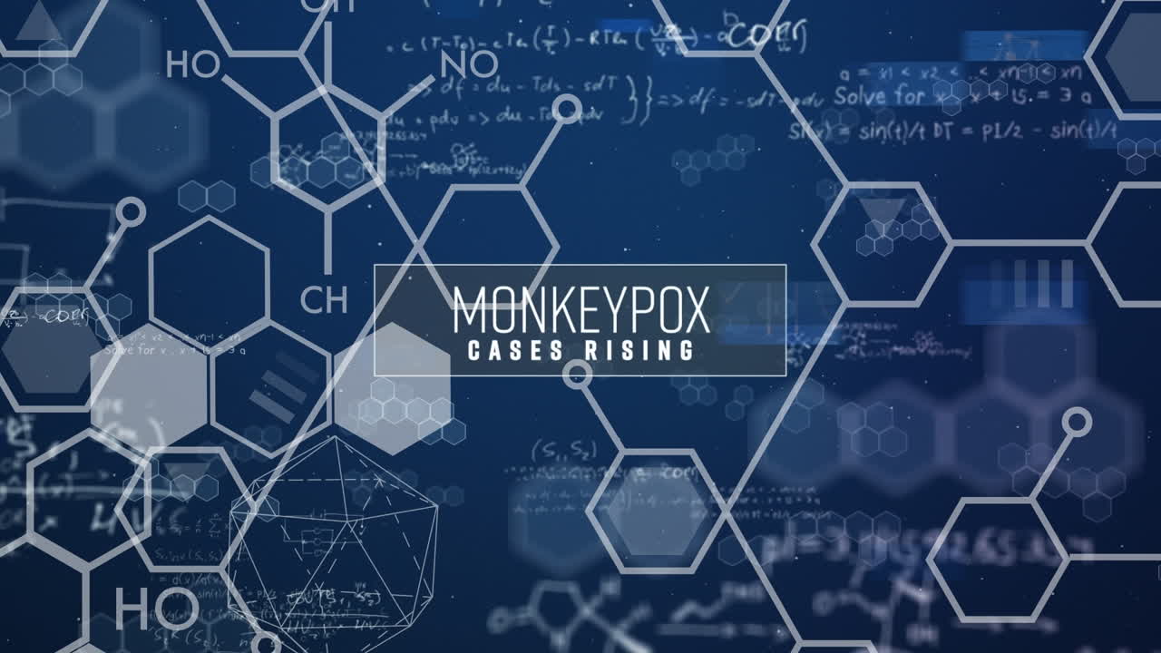 Animation of monkey pox over chemical formulas on navy background