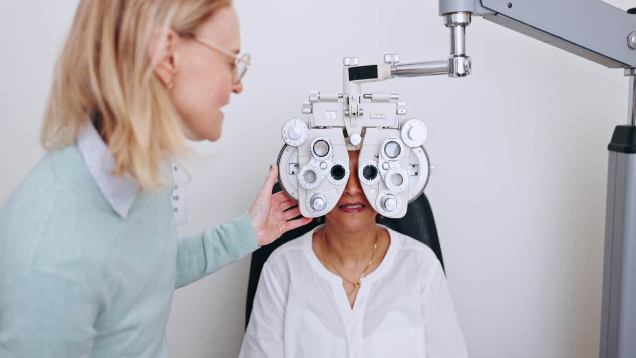Eye exam, women and optometrist talking