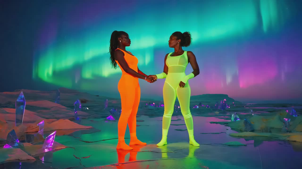 Two women posing in futuristic neon jumpsuits