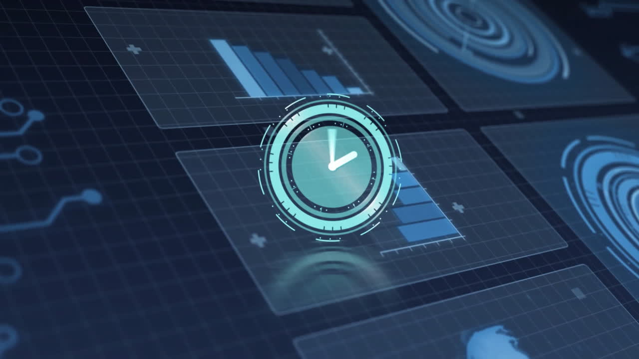 Graphs and circular data visualizations animating on digital interface screen