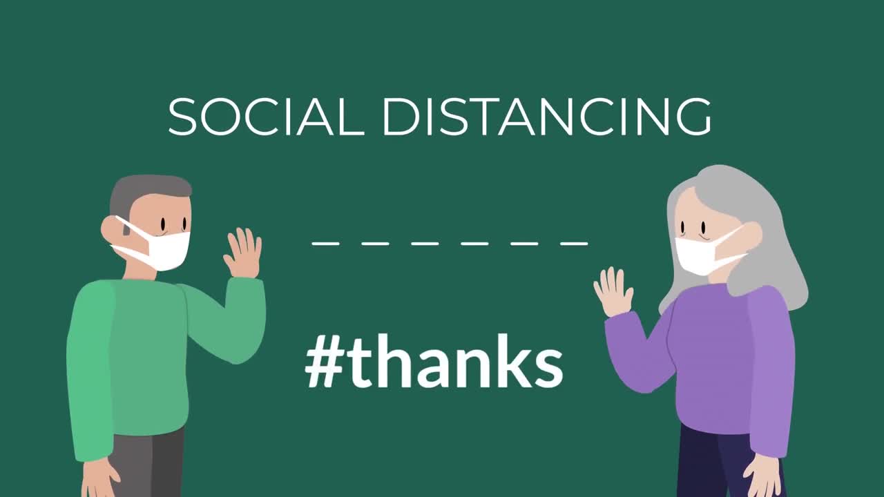 얼굴 마스크를 착용한 인간의 모양과 함께  ⁇ 박이는 사회적 거리두기와 감사의 단어의 애니메이션