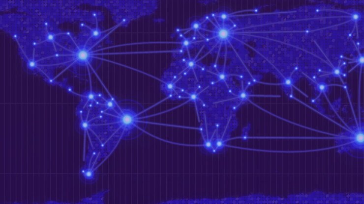 Animation on network of connections and world map over blue background