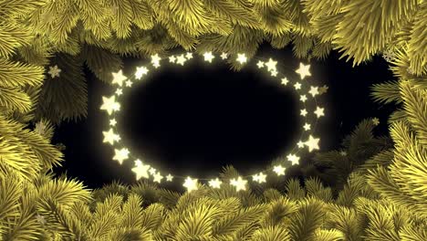 Animation-of-star-lights-and-gold-snowflakes-on-black-background-with-christmas-tree-border