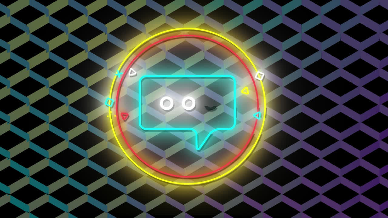 Animation of flickering blue neon digital message icon in a glowing circle