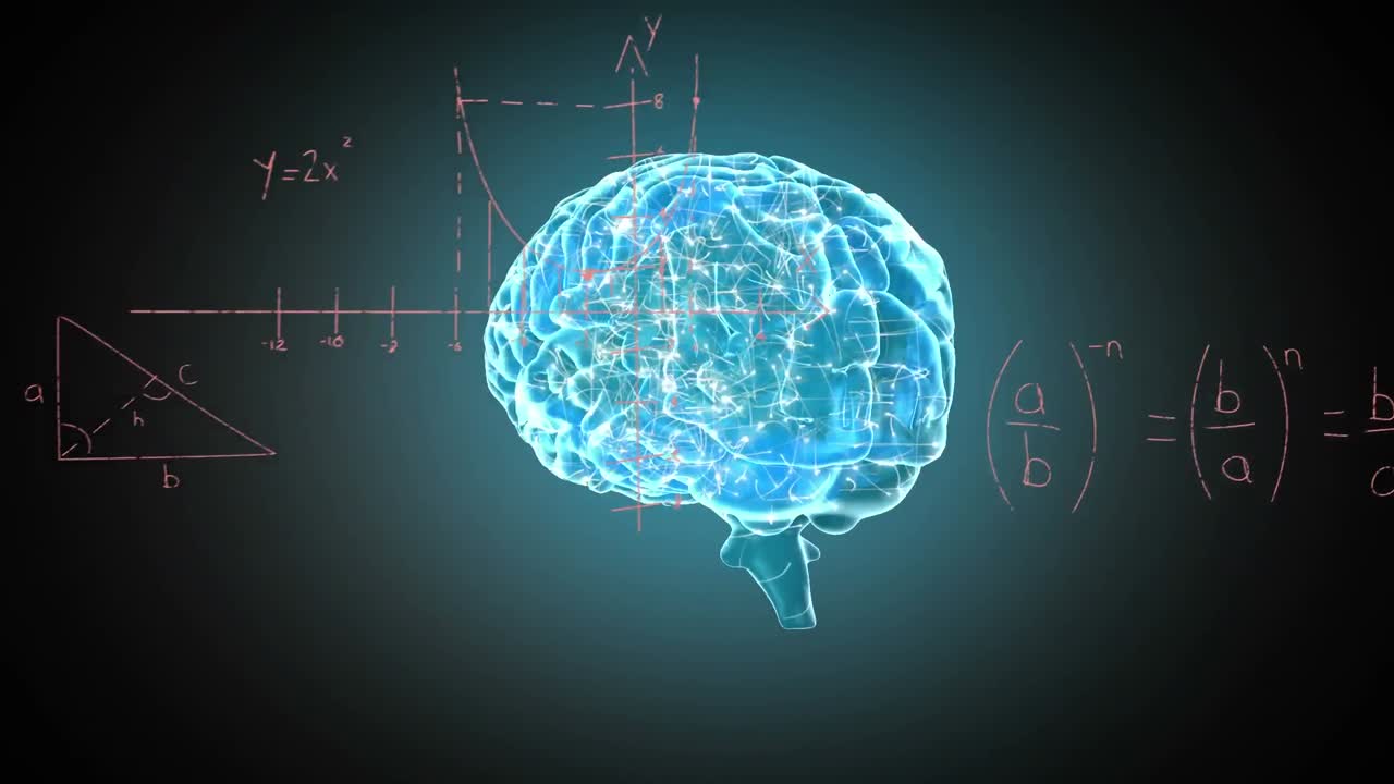 Animation of digital human brain over mathematical equations and diagram on abstract background