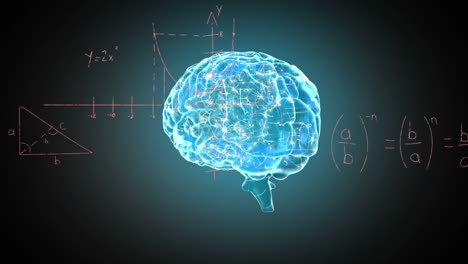 animación del cerebro humano digital sobre ecuaciones matemáticas y diagramas en un fondo abstracto