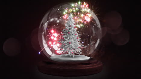 animation of falling stars and snow globe with christmas tree over fireworks on dark background