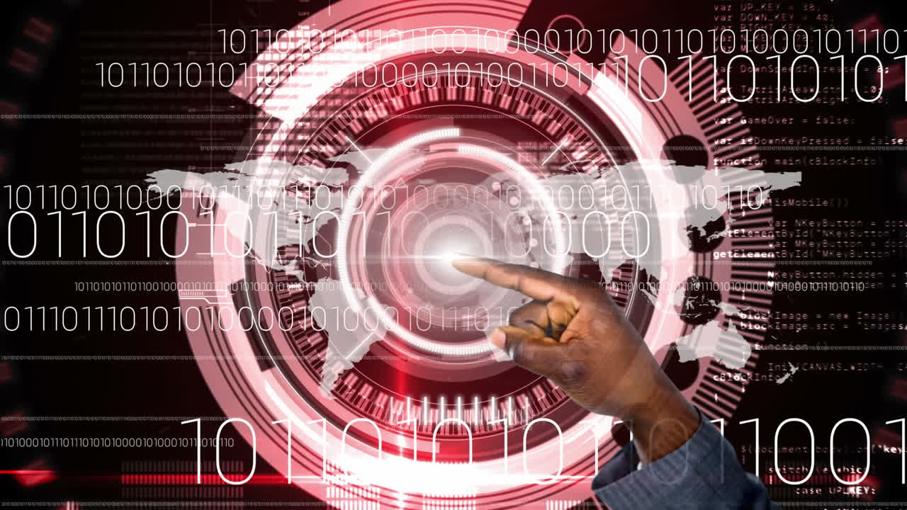 apuntando a la interfaz futurista, entregue el mapa digital del mundo y el código binario