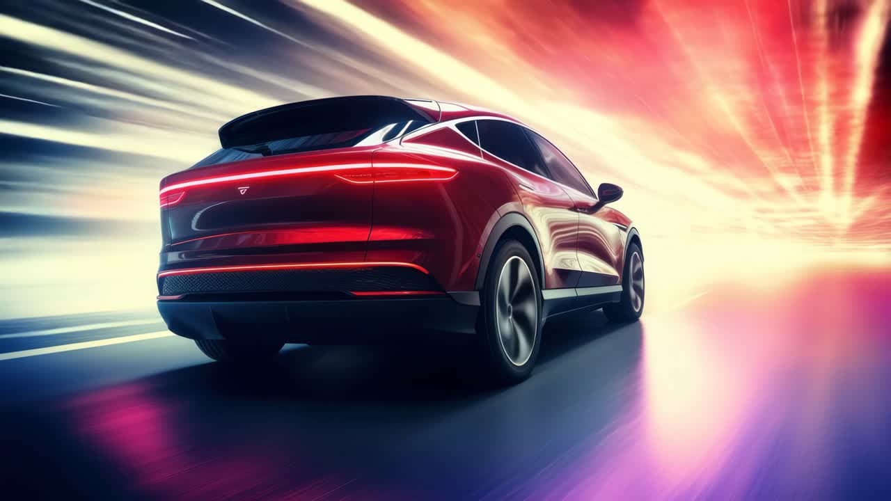 Dynamic rear-view angle of a sleek red car speeding through a neon-lit tunnel