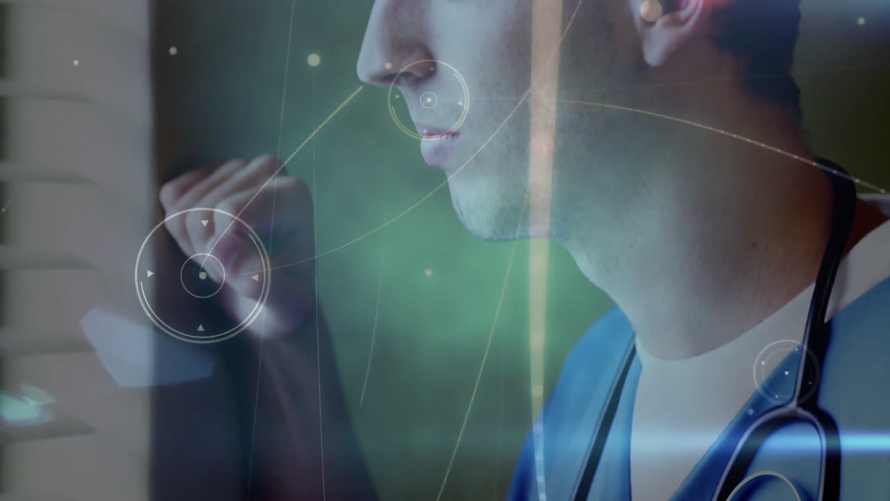 Analyzing data, medical professional using digital interface with animation effects