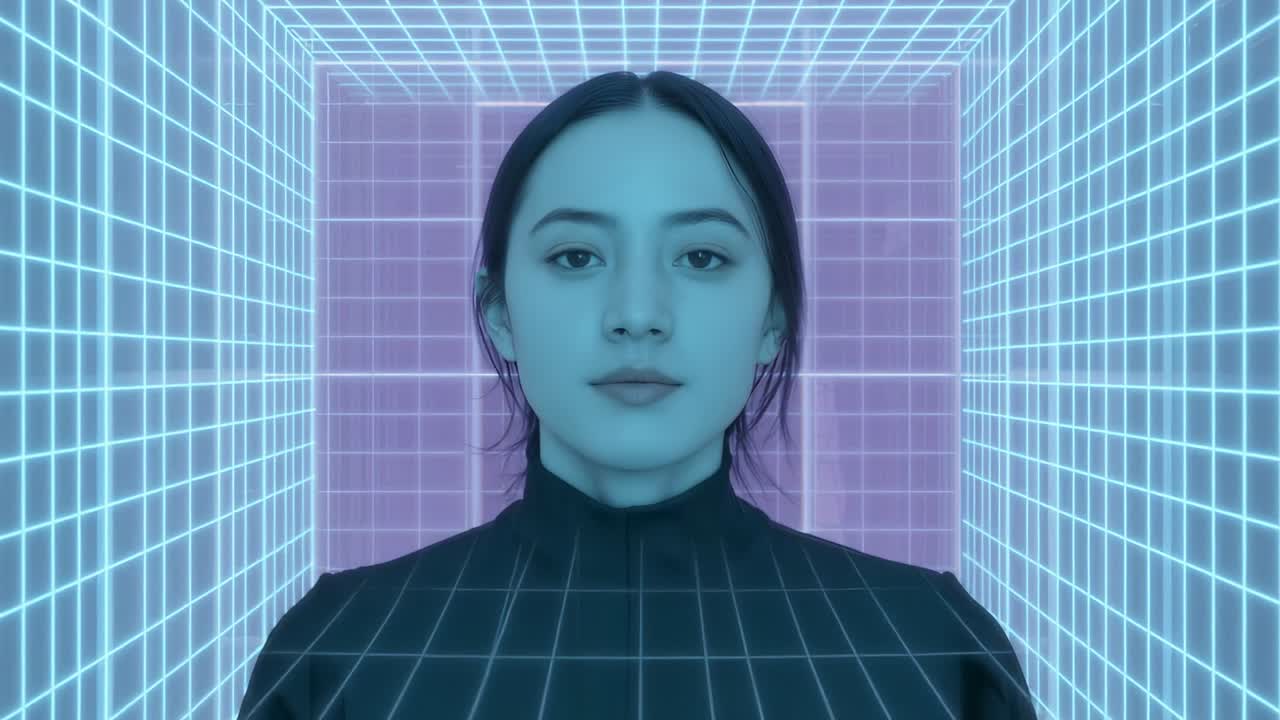 Lighting shifting, model standing in neon grid, projection wrapping over black top forming mesh