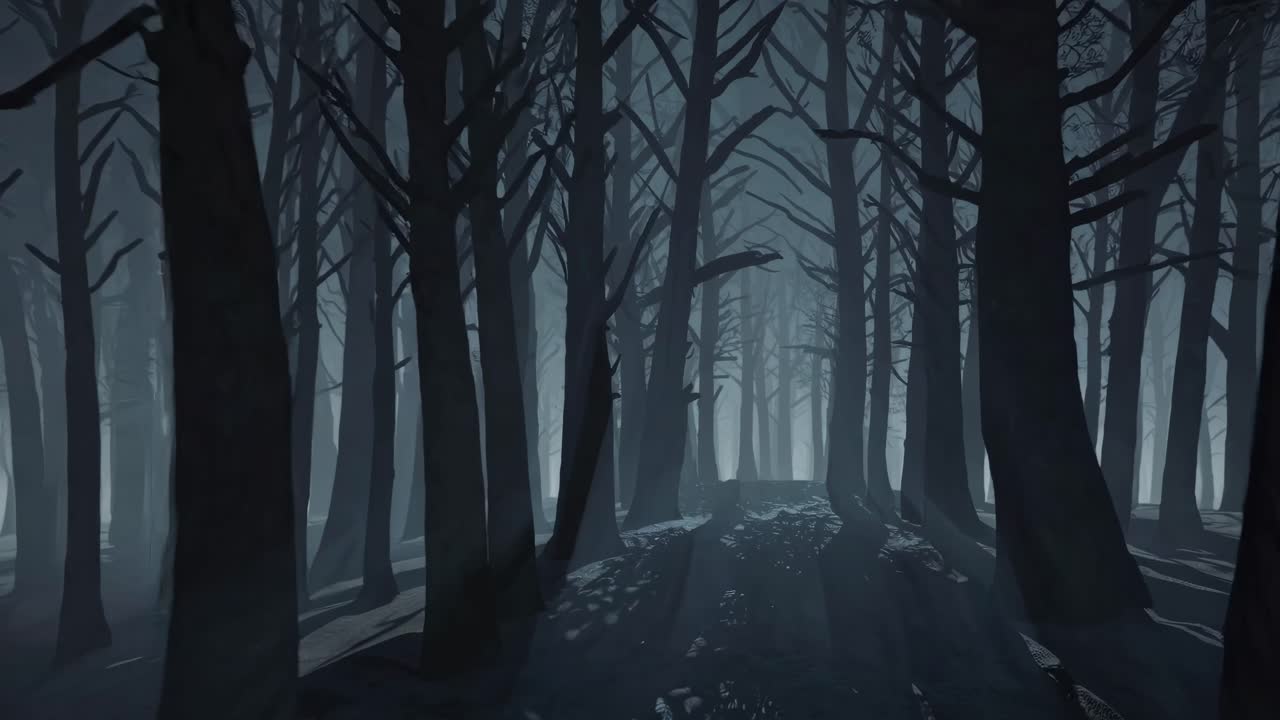 Eerie forest scene with tall, dark trees and mist, captured from a low-angle, creating a haunting