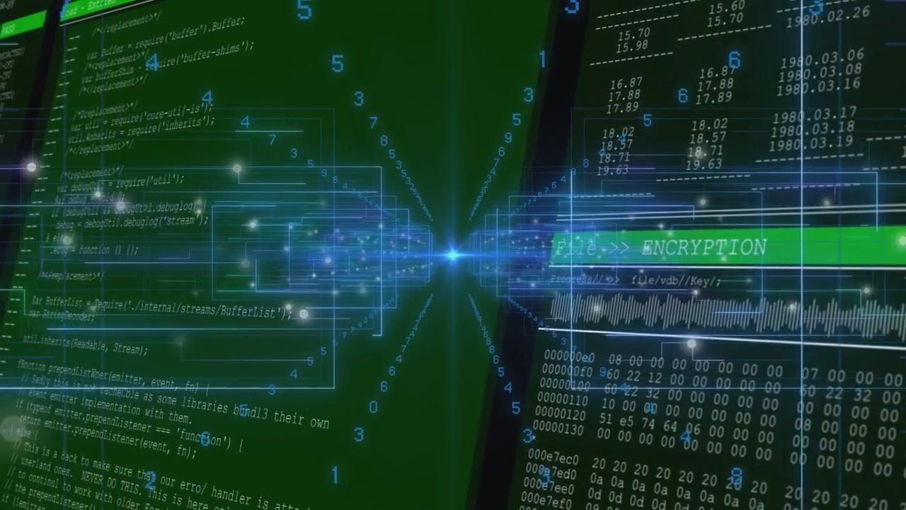 Central blue node activating and emitting numerals while panels sliding, showing encryption status