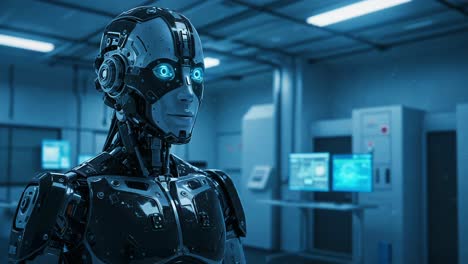 a futuristic robot stands in a high-tech laboratory, showcasing advanced artificial intelligence with gleaming blue eyes and intricate mechanical design