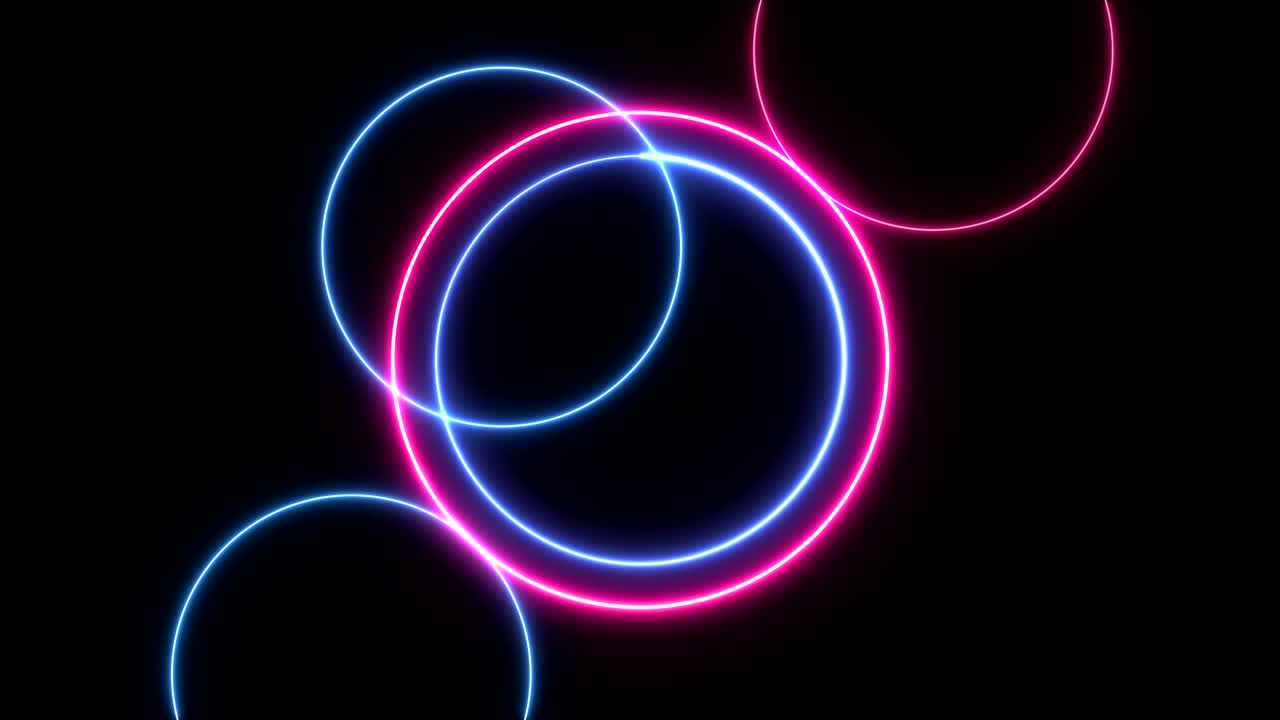 Bright neon circles of different colors appear and flicker on a black background. Abstract geometric shapes