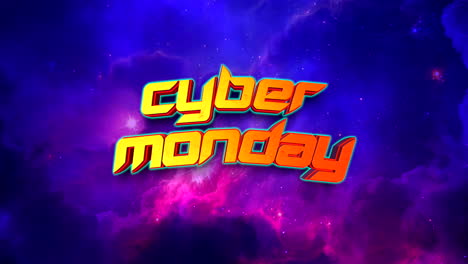 descuentos cósmicos: texto animado de cyber mondays en medio de una nebulosa estelar