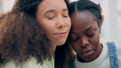 Sad-lesbian-women,-hug-and-support-in-home