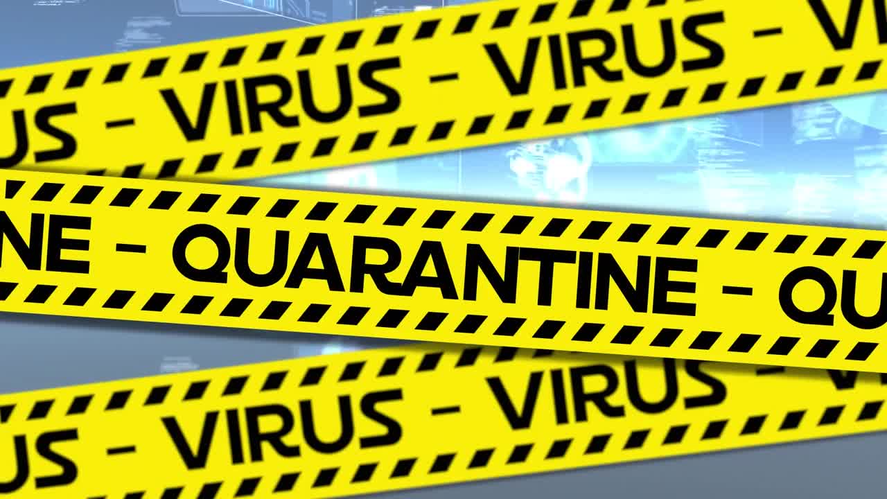 노란색 위험 테이프에 바이러스 격리 경고 텍스트의 애니메이션, 불빛과 데이터 처리