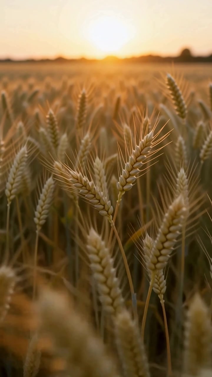 Vista aproximada de plantas de trigo balançando suavemente na brisa em campo aberto, enquanto a luz do sol brilha perto do horizonte, destacando texturas douradas, detalhes dos grãos e uma composição de paisagem rural pacífica