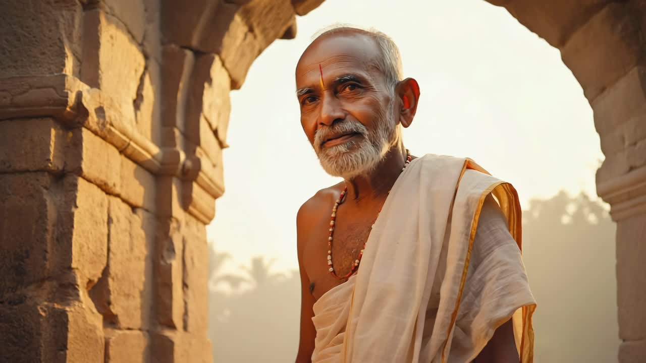 Senior Indian priest wearing traditional robes, ornate necklace, standing serene within temple archway, golden sunrise light illuminating sacred surroundings