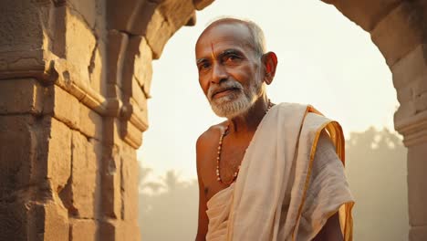 senior indian priest wearing traditional robes, ornate necklace, standing serene within temple archway, golden sunrise light illuminating sacred surroundings