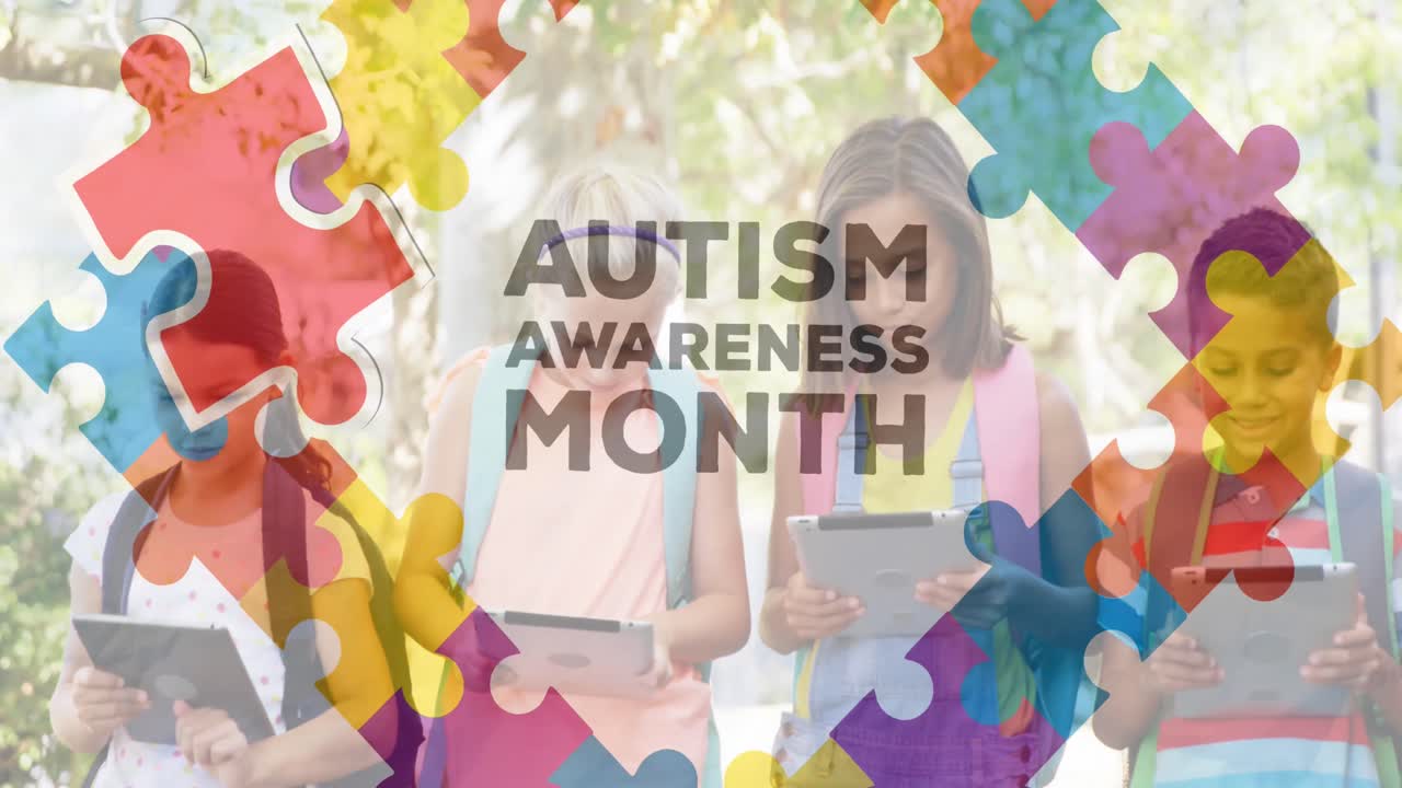 다채로운 퍼즐 조각과 자폐증 텍스트의 애니메이션 어린이 친구들이 전자 장치를 사용합니다.