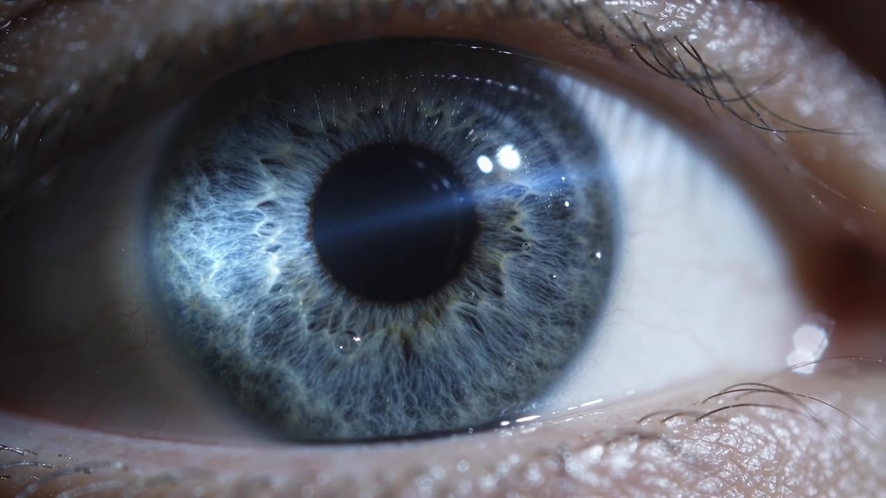 Responding to bright light, single eye constricting pupil in studio close-up, showing lens flare