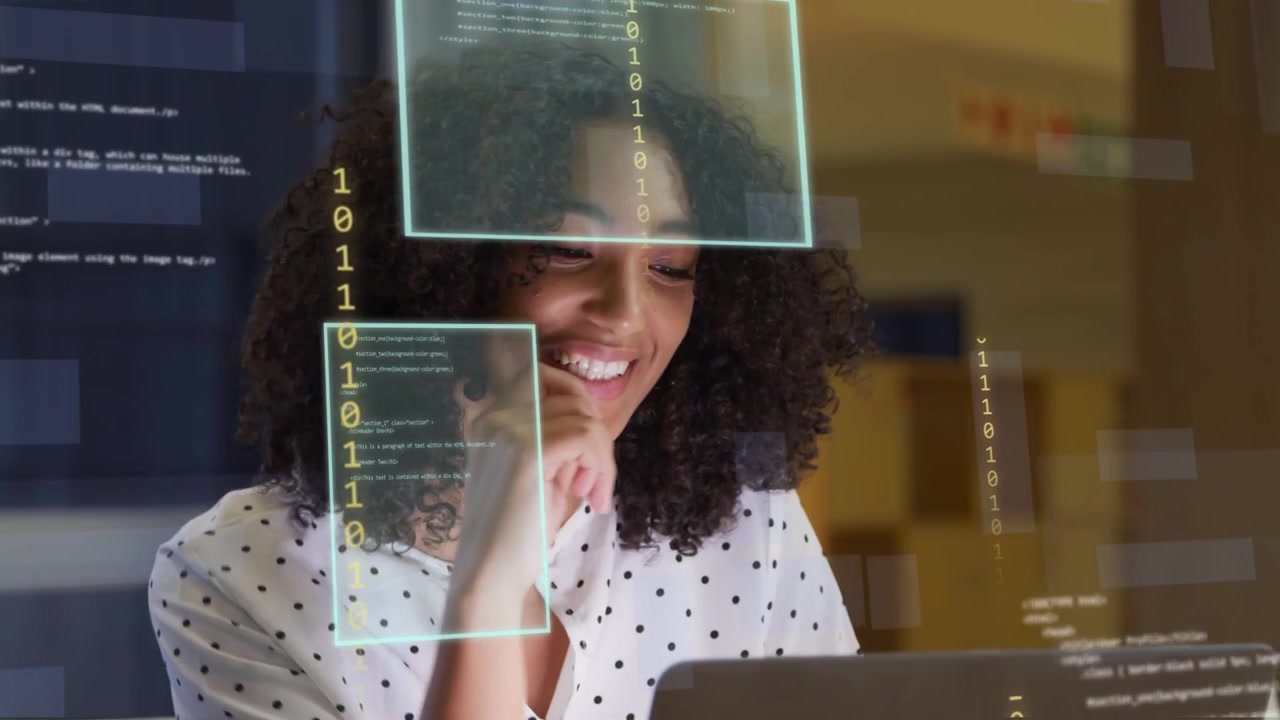 Woman reading laptop and scrolling, bringing code panels and binary streams over torso, solving bug