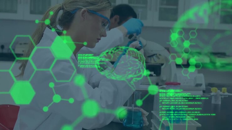 Animation of science data processing over three caucasian scientists in laboratory