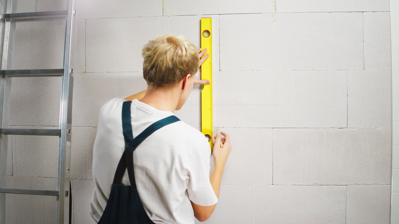 Man Measuring and Marking a Wall with a Spirit Level