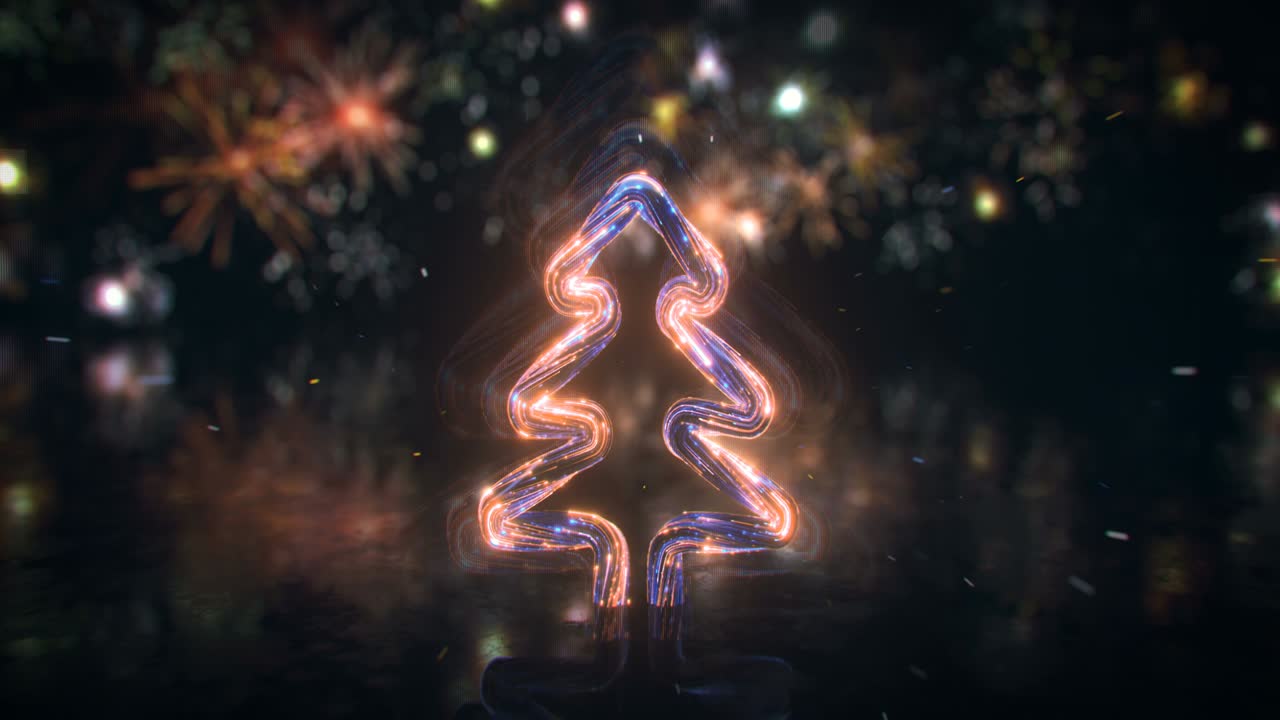 árbol de navidad cyberpunk y fuegos artificiales 3d renderización de animación de bucle sin costuras