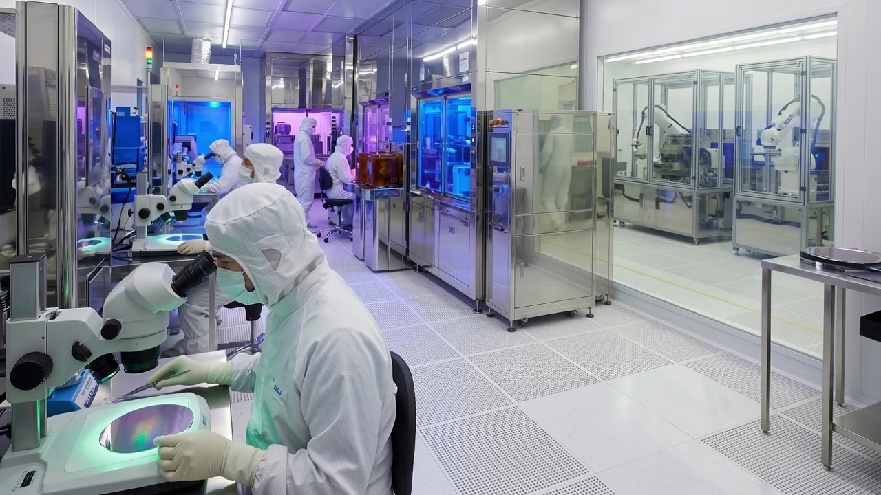 Technician in a sterile cleanroom working with advanced laboratory equipment and silicon wafers