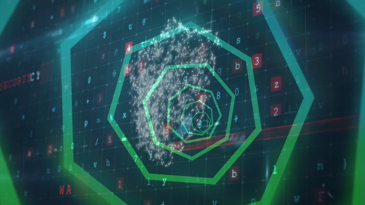 Animation of tunnel with neon shapes over data processing on black background