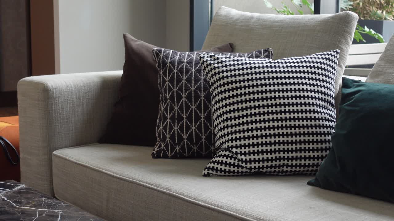 sofá elegante con almohadas decorativas en la sala de estar moderna